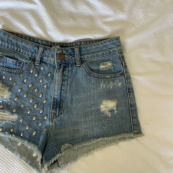 BDG Blue High Rise Distressed Jean Shorts with Studded Details - Picture 2 of 10